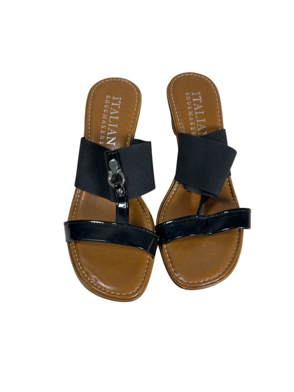 Italian Shoemakers Black Wedge Sandals With Elastic Straps & Patent Accents 7.5